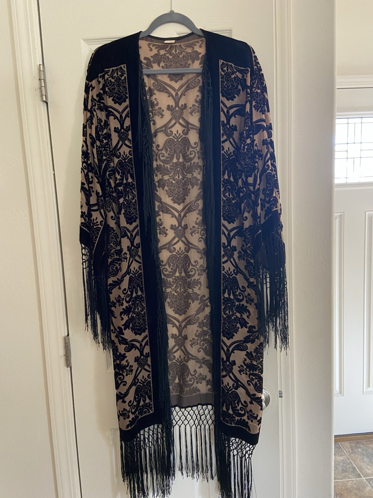 Gorgeous Long Sheer And Black Velvet Overcoat -Shawl With Long Fringe-Perfect!￼