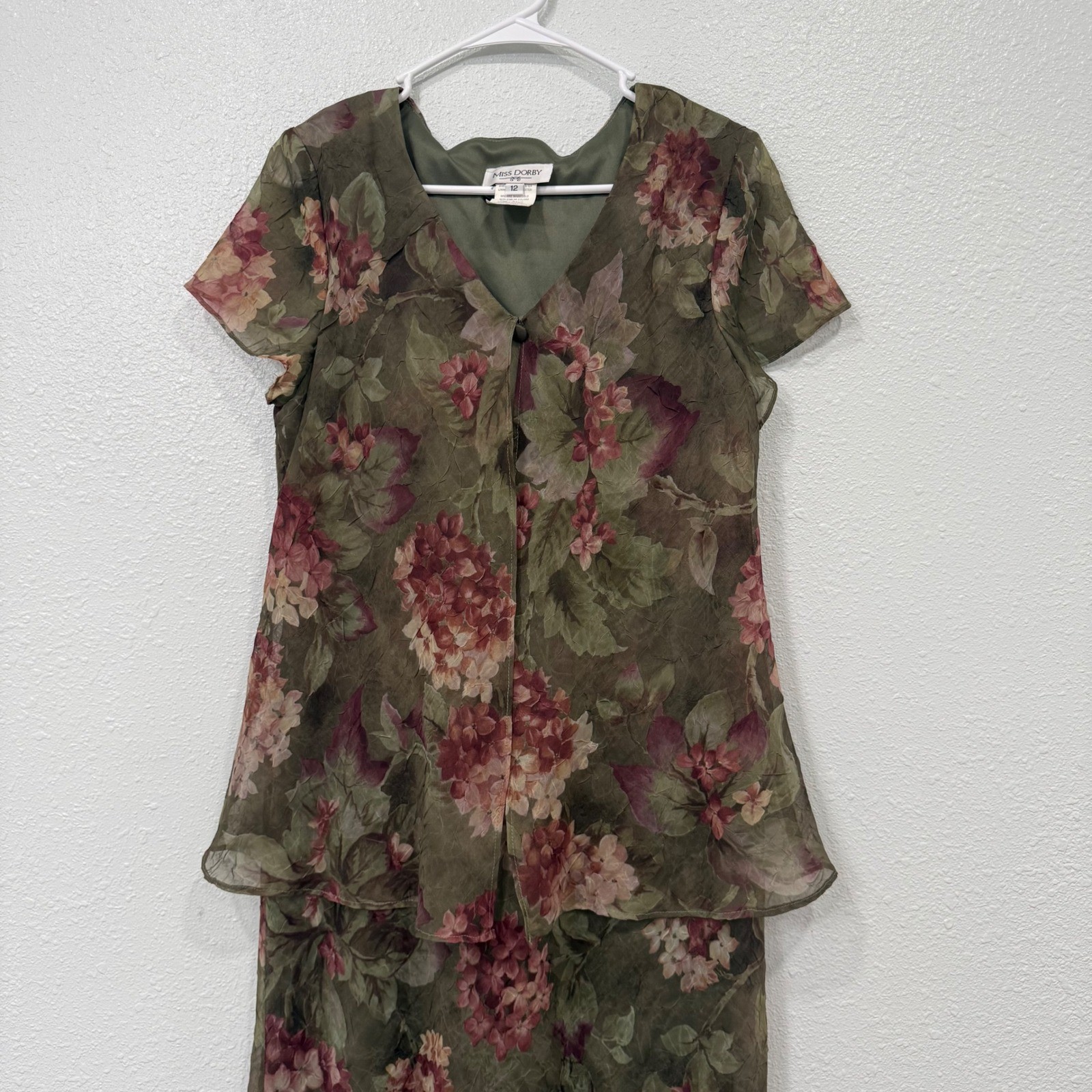 Miss Dorby Vintage Floral Maxi Dress Olive Green Hydrangea Print 12 8663117