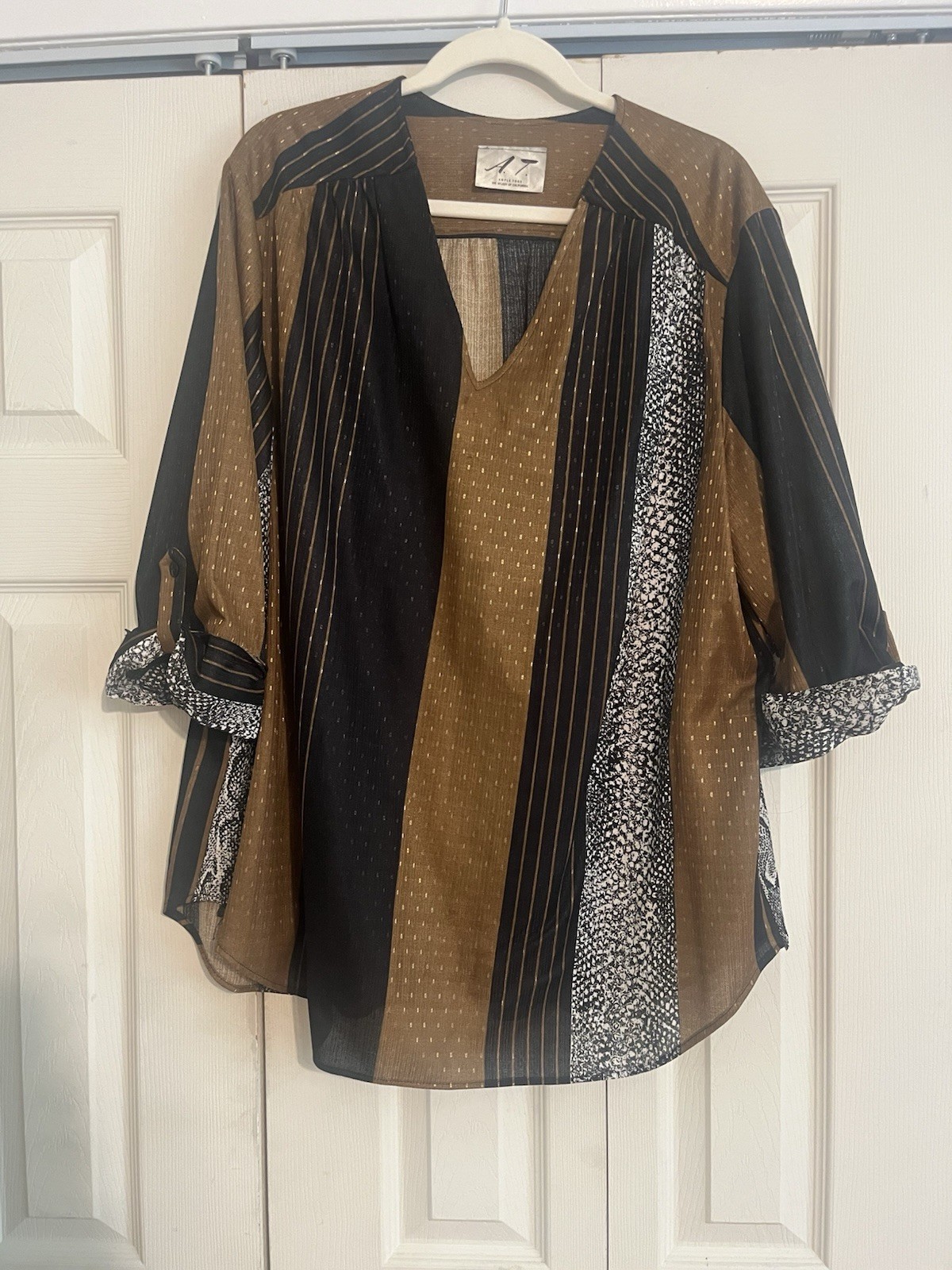 Vintage Ample Tops Boho Hippie 2X Tunic Top Back Brown Gold Long Sleeve