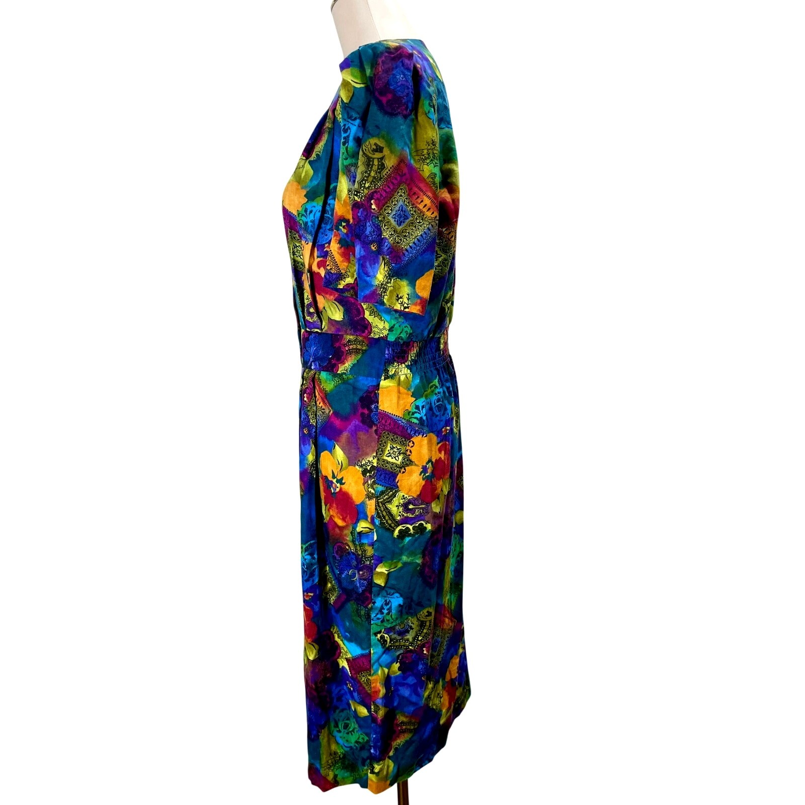Vintage 80s Via Sant Andrea Dress Vibrant Multicolor Floral Geometric Size 12