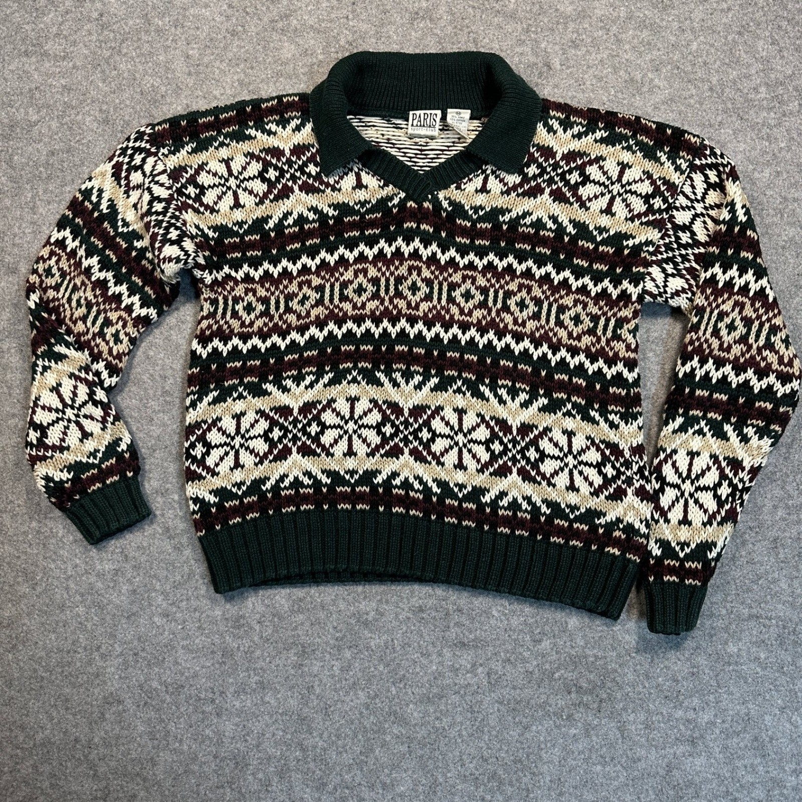 Paris Sport Club Vintage Fair Isle Sweater Medium Green Multi Ramie Cotton Knit
