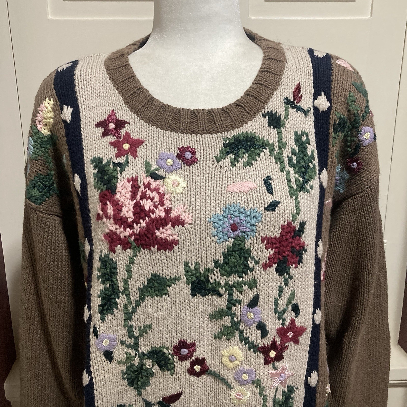 Vintage Paul Harris Design Multicolor Knitted Flower Floral Long Sweater Size S