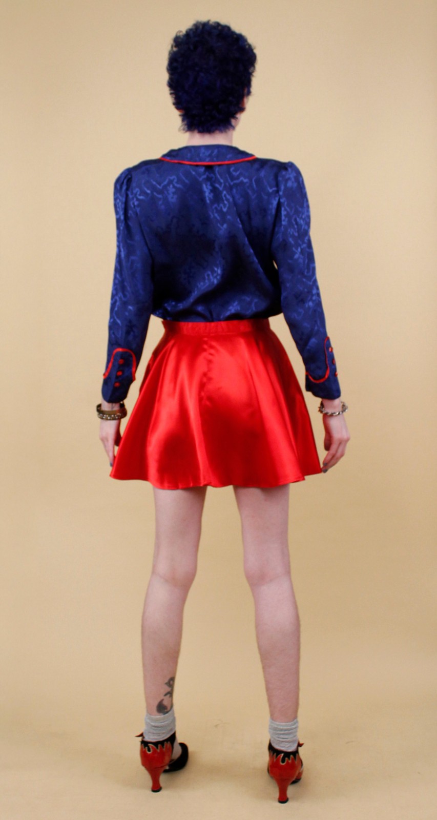 80s Vtg Blue Satin Sailor Moon Style Collar Blouse Shirt Button Up Nautical B34″