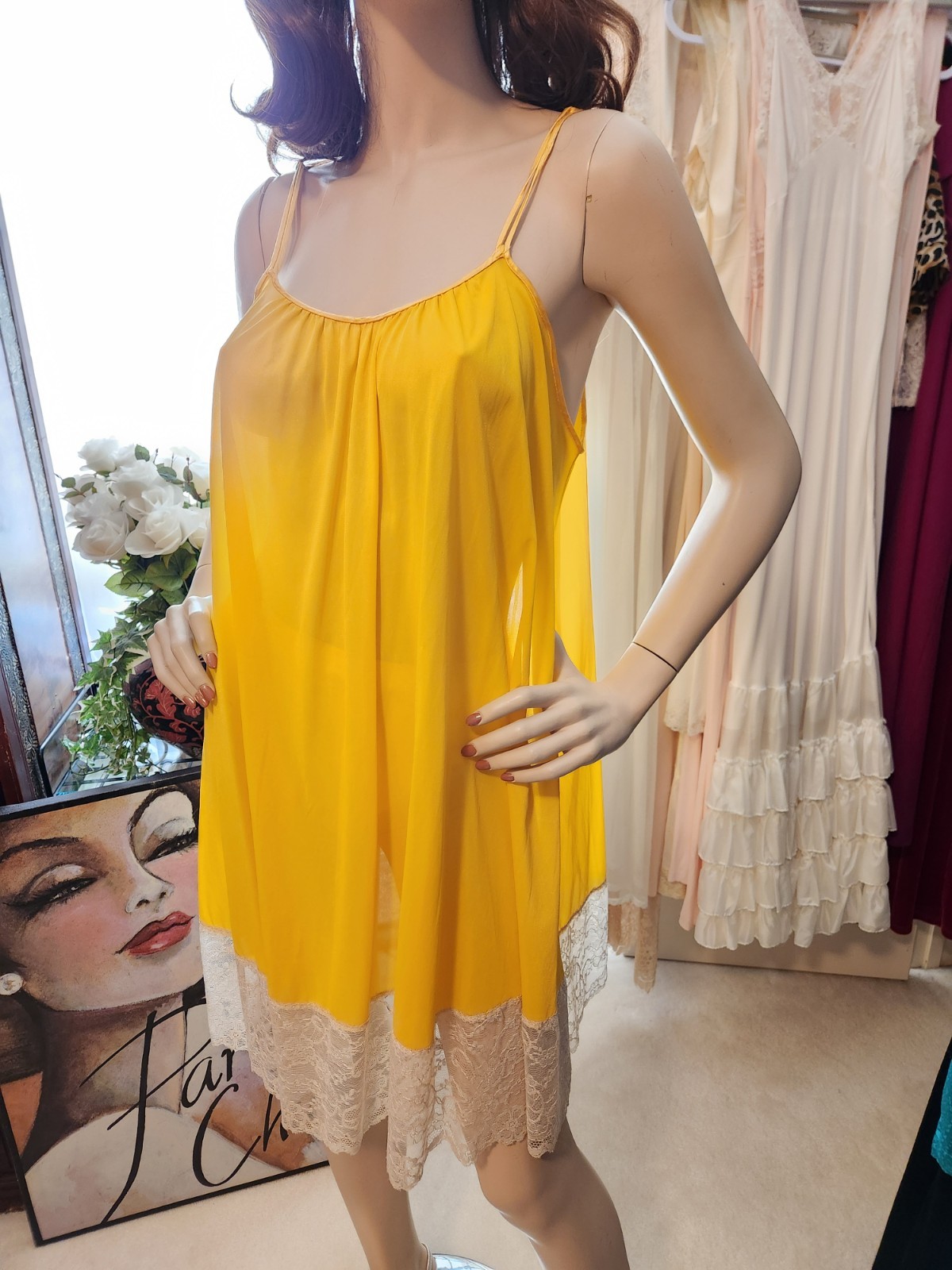 Vtg 60s Rare Van Raalte Mustard Yellow Nylon Babydoll Lace Hem Nightgown