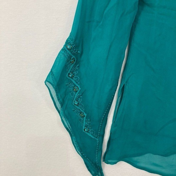 Vintage Silk Land Size Small Teal Embroidered Beaded Flare Sleeve Fairy Blouse