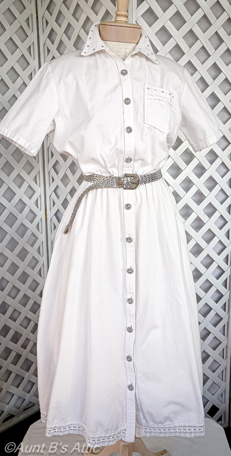 Vintage 80’s D Frank 2 Pc Wht Cotton Denim Button Front A-Line Dress & Belt M/L