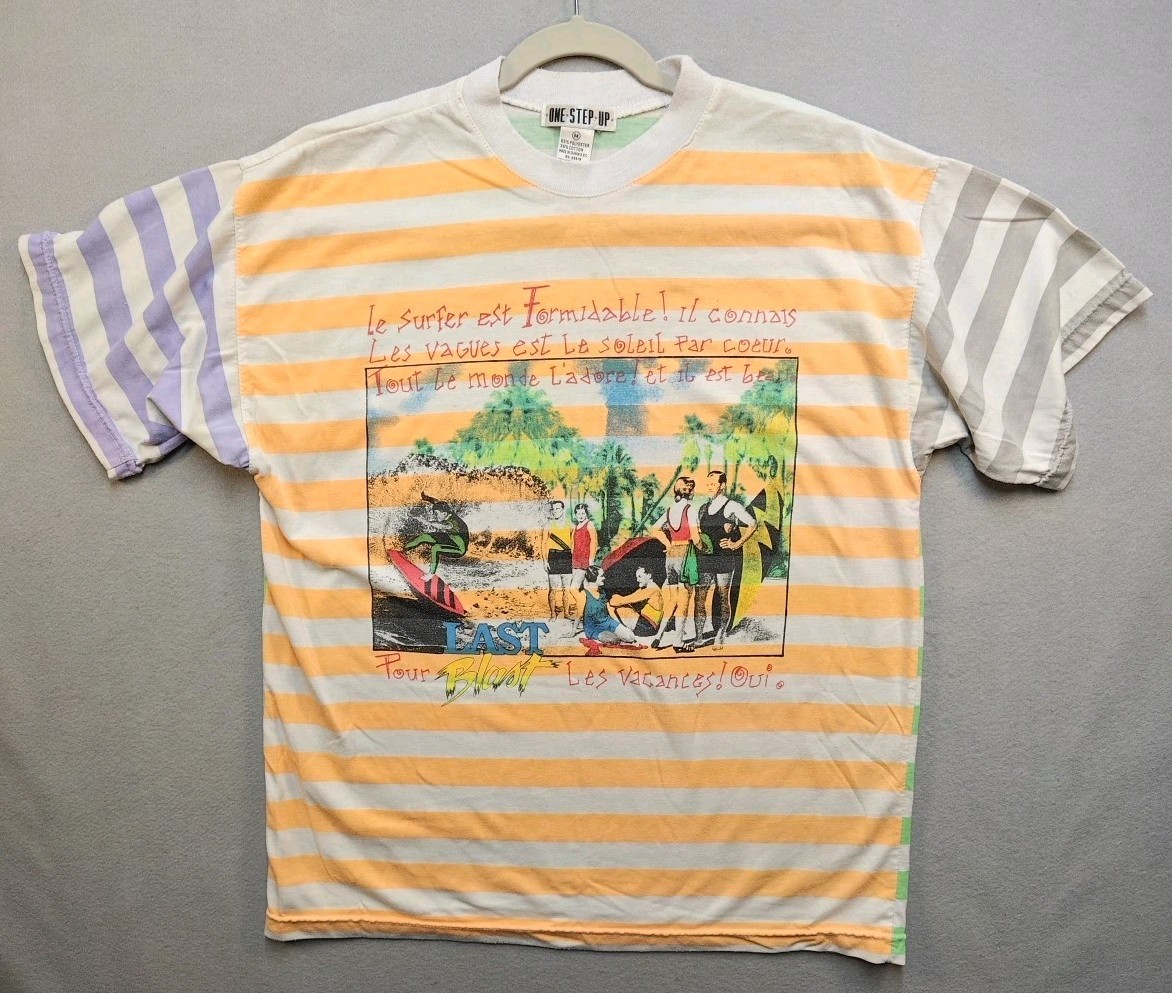 One Step Up Vintage 1980s French Multi-Color Striped Tee Couples Beach/Surfers