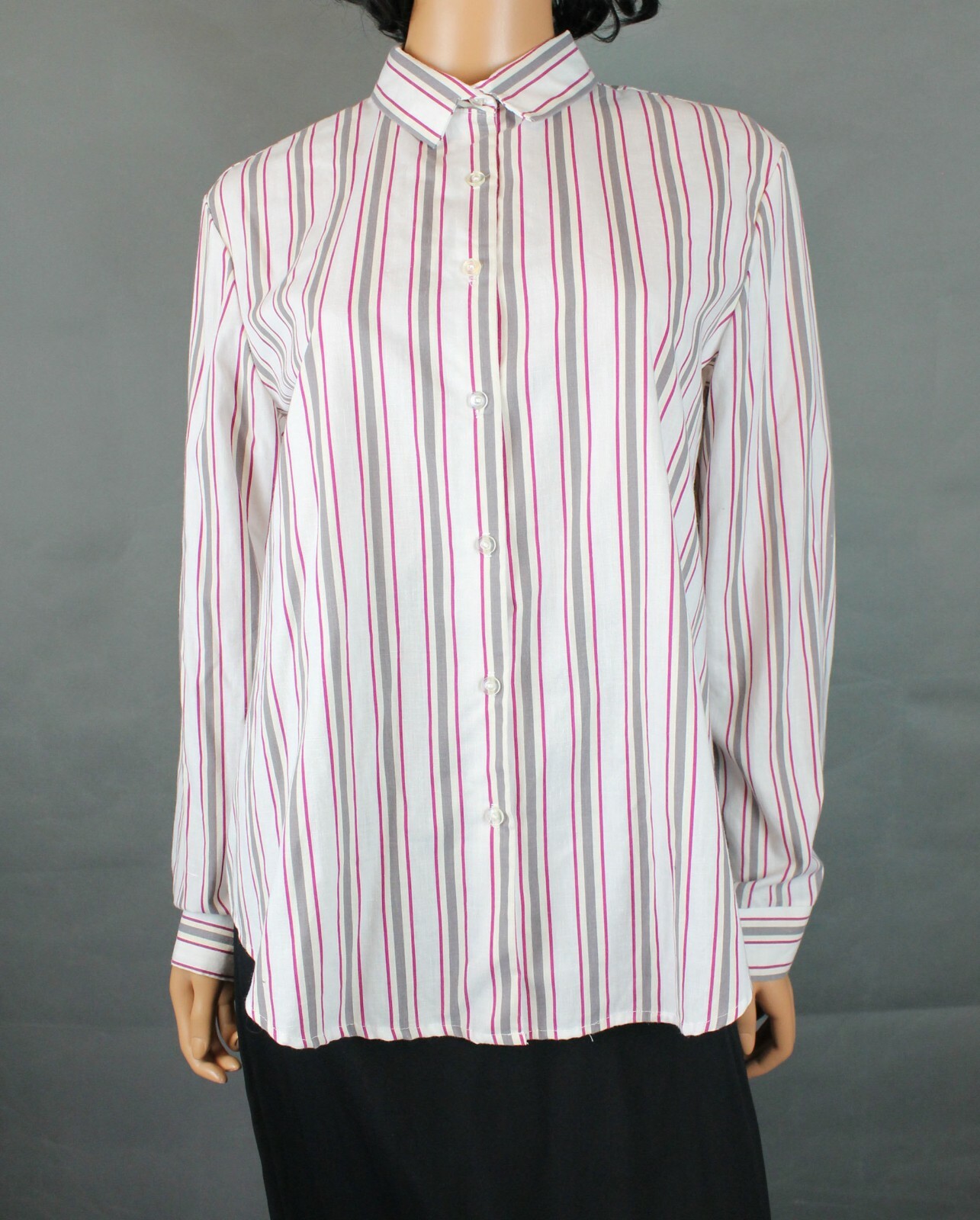 Vintage Boyfriend Shirt Sz L 80s Cotton Blend White Gray Pink Striped Shirt