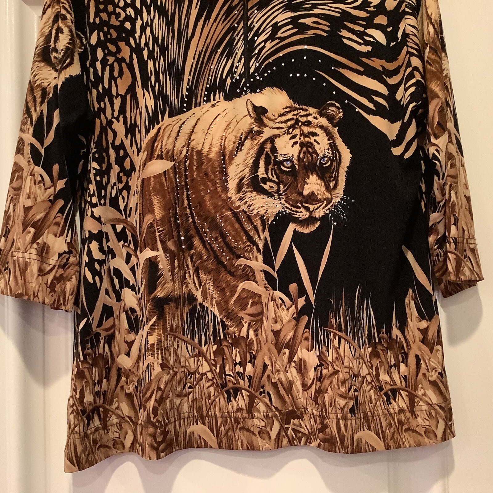 Vtg Jackets Galore By John Farah Top Large Leopard Tiger Print Bling 3/4 Sleeves