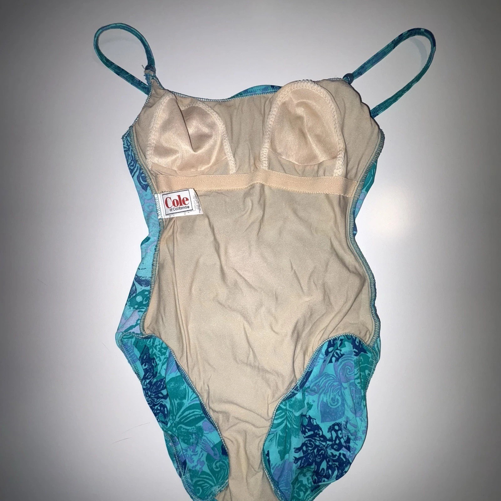 Vtg Cole Of California 90’s One Piece Swimsuit Size 8 Blue Floral Metallic Print