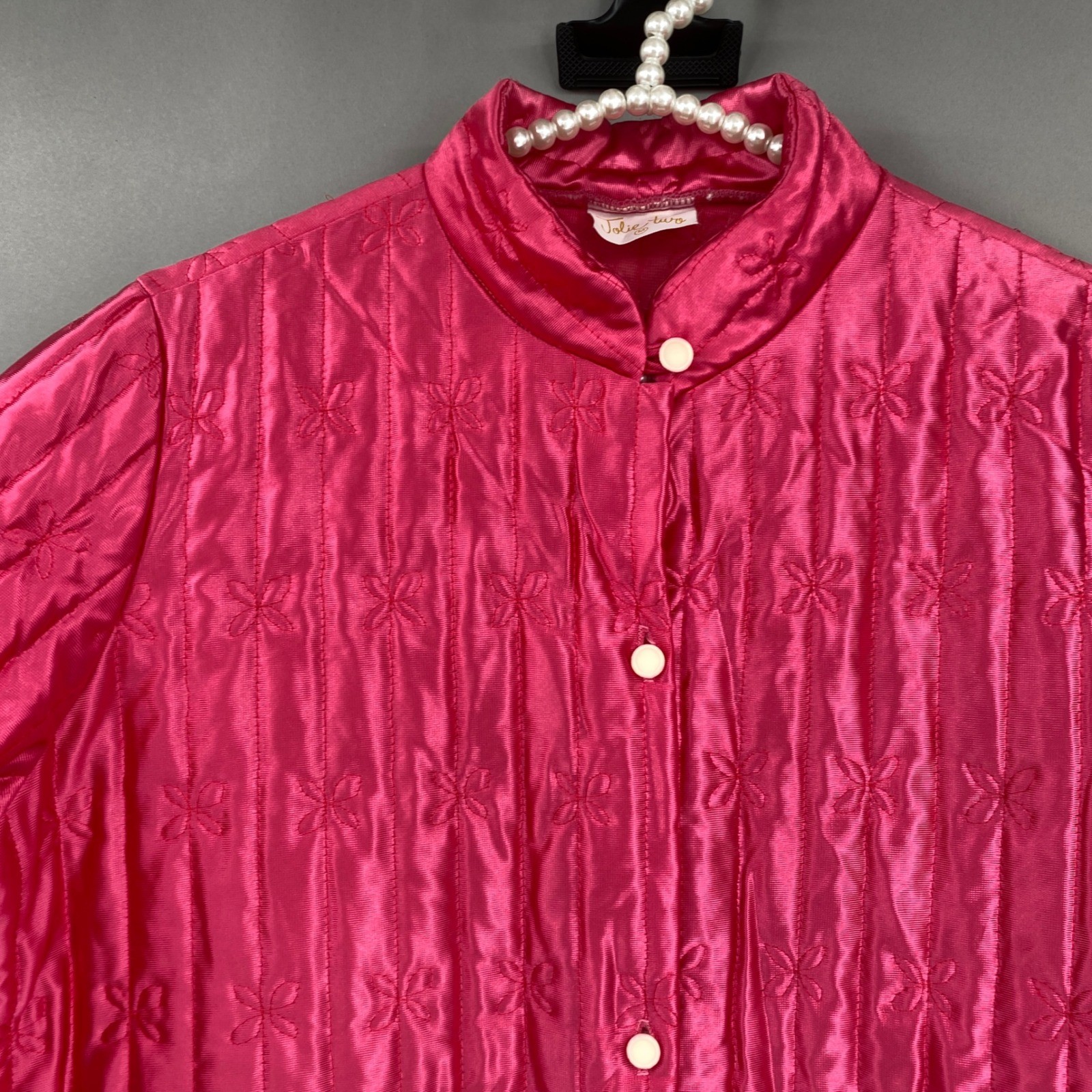 Vintage Jolie Two Quilted Robe Women Size Medium Hot Pink Bow Stitch Button