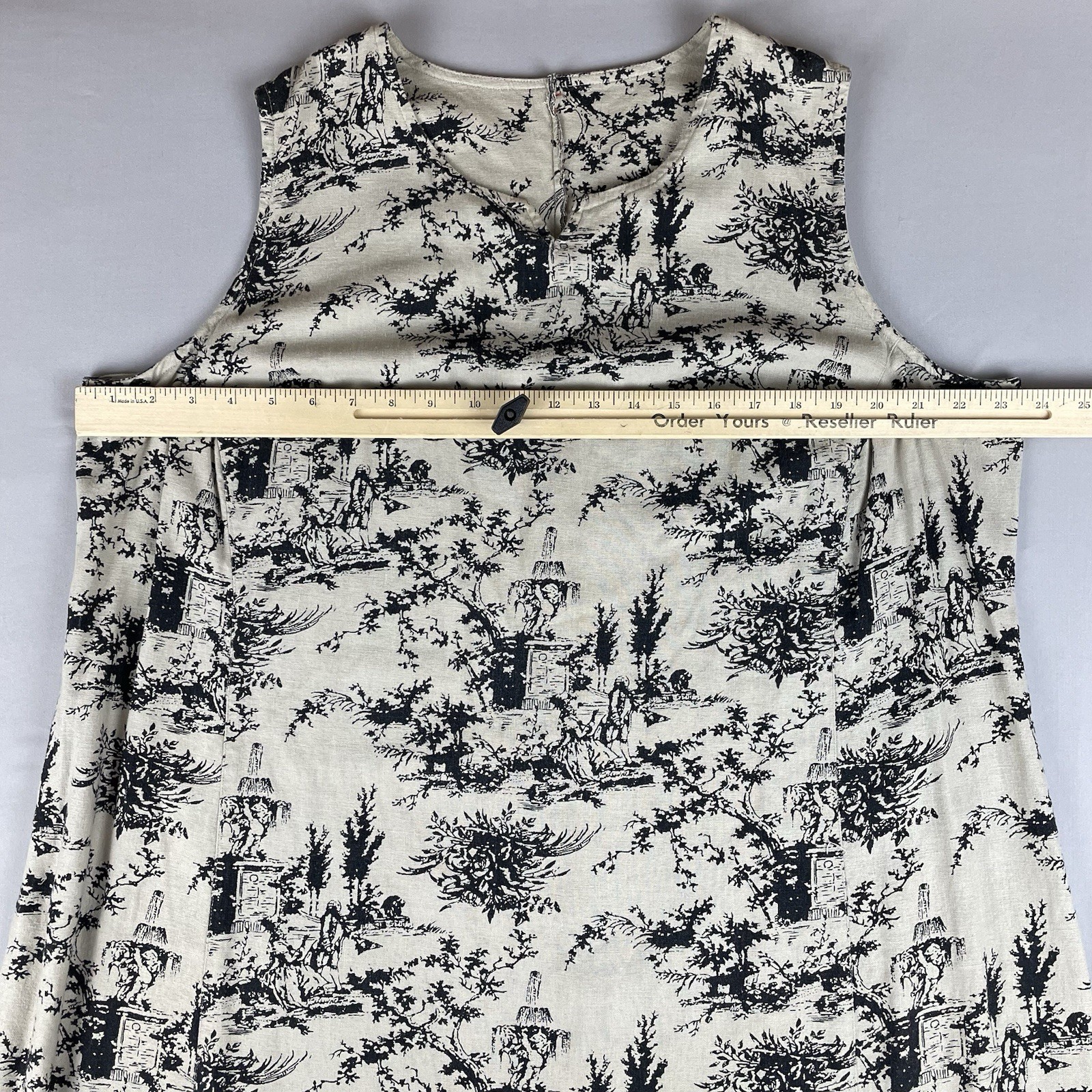 Vintage David Meister Linen Blend Sheath Midi Dress XL Black Cream Toile Print