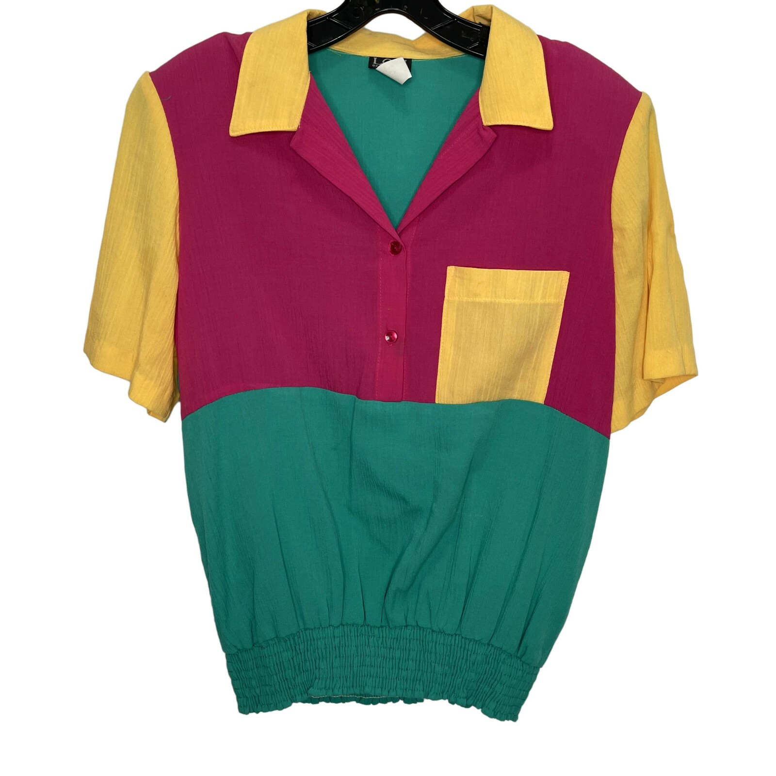 VTG Lori of California Color Block Top Sz 14/Large, 1/4 Button, Short Sleeve