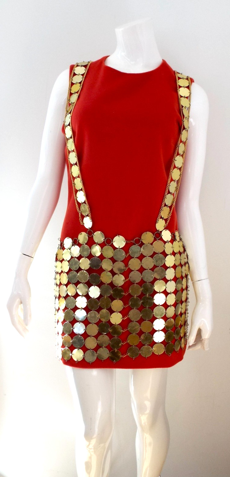 Vintage 1960s Gold Tone Metal Disc Chain Mail Vest Top & Skirt Dress Paillette