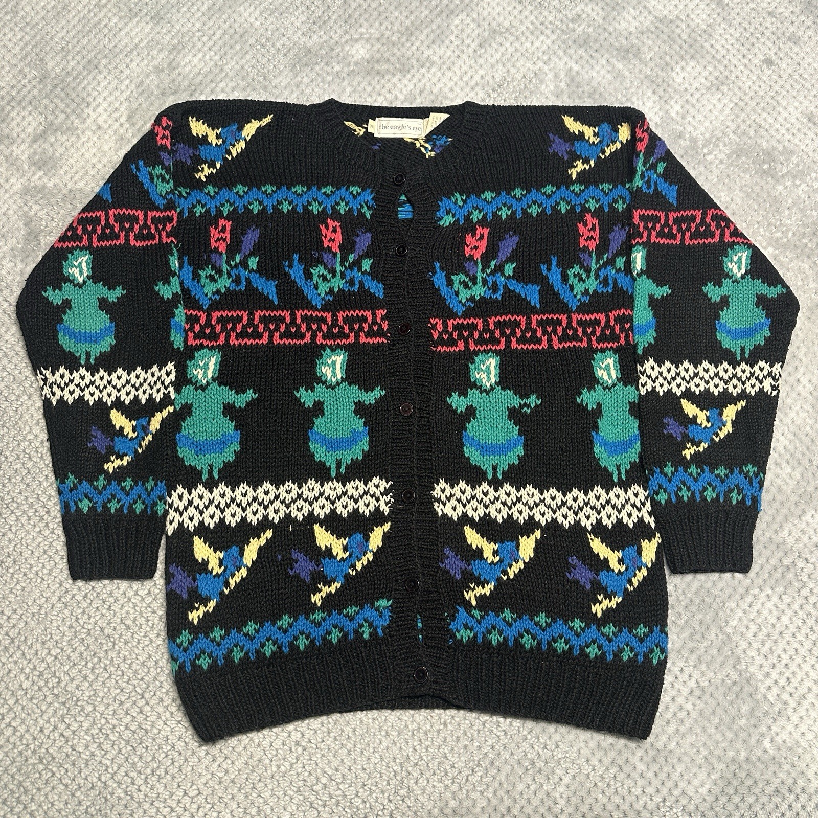 Vintage The Eagle’s Eye Chunky Cardigan Knit Sweater Medium Black Neon Flowers