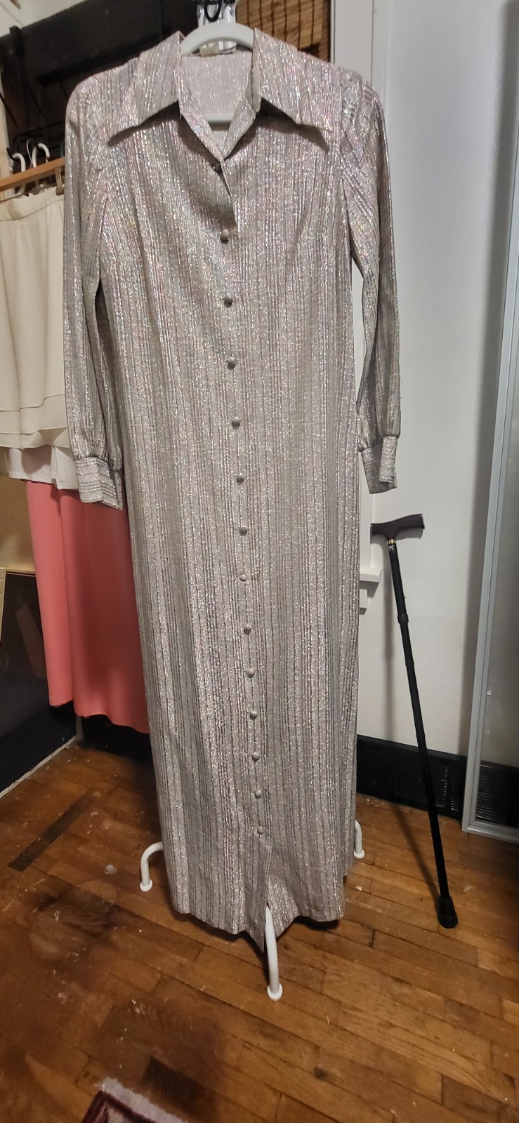 Vintage 60-70’s Herbert Laurence Silver Gray Multi Metallic Buttn Up FL Dress 12