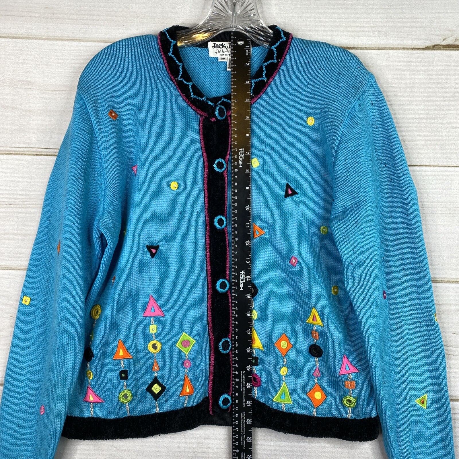 VTG 90s Jack B Quick Cardigan Sweater Womens Petite Medium PM Turquoise Sequins