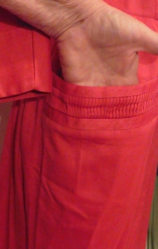 40s Red Linen Shirt Dress w/ Pleat Accents by Charles Hymen sz L 42x34x46