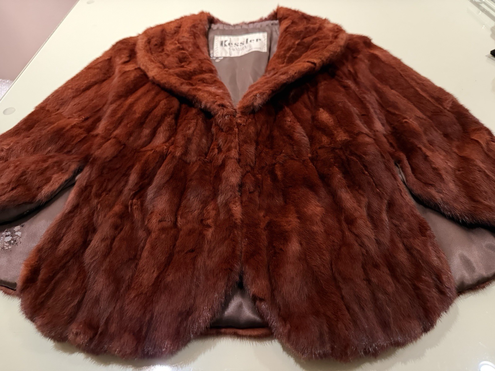 Vintage KESSLER Furrier St Louis Dyed Dark Red Mink Fur Shawl Collar CAPE PONCHO
