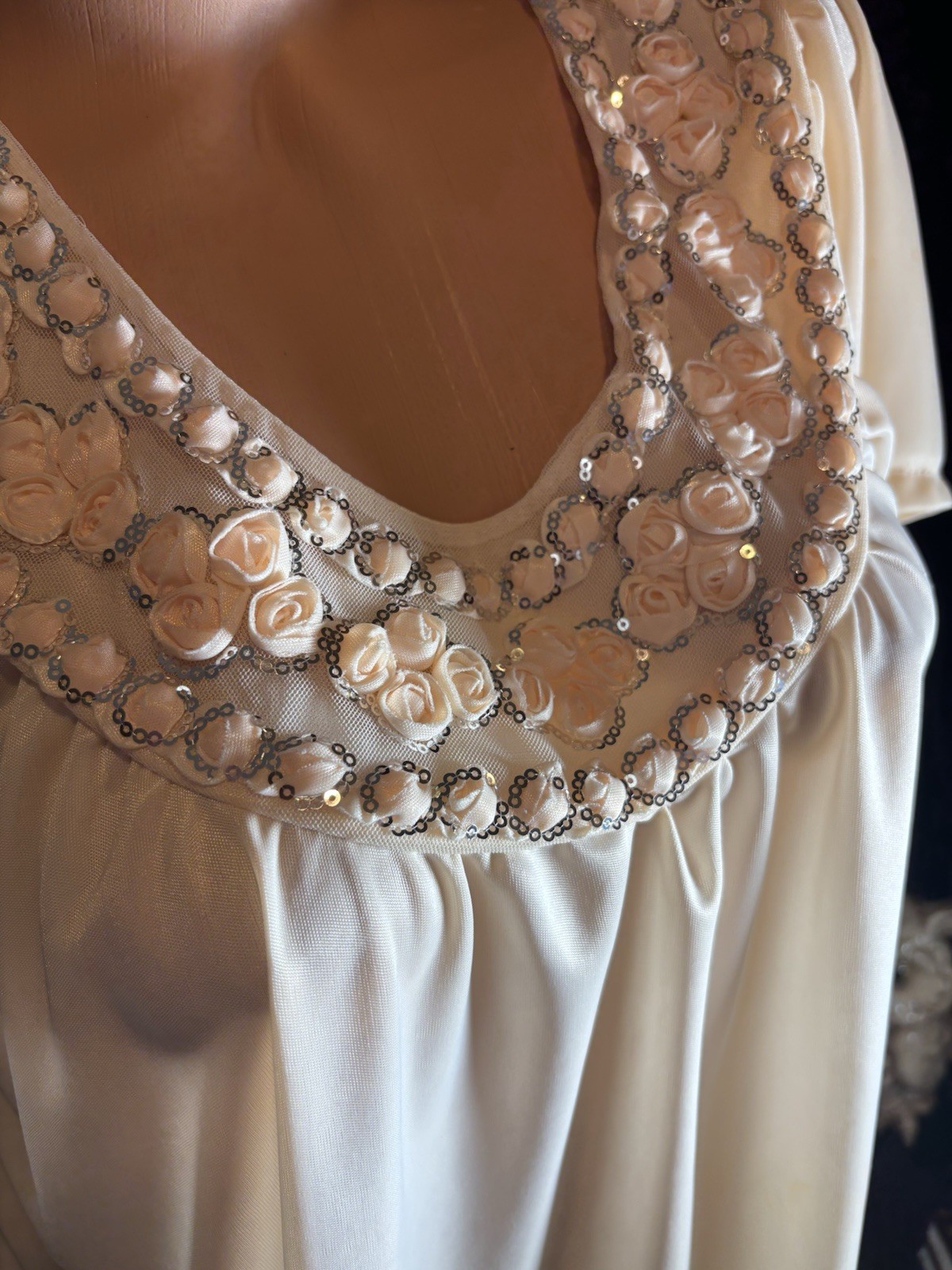 Vtg Satin Soft CreamSickle Shiny Silver Sequins Gown Sheer Long Dress Nightgown