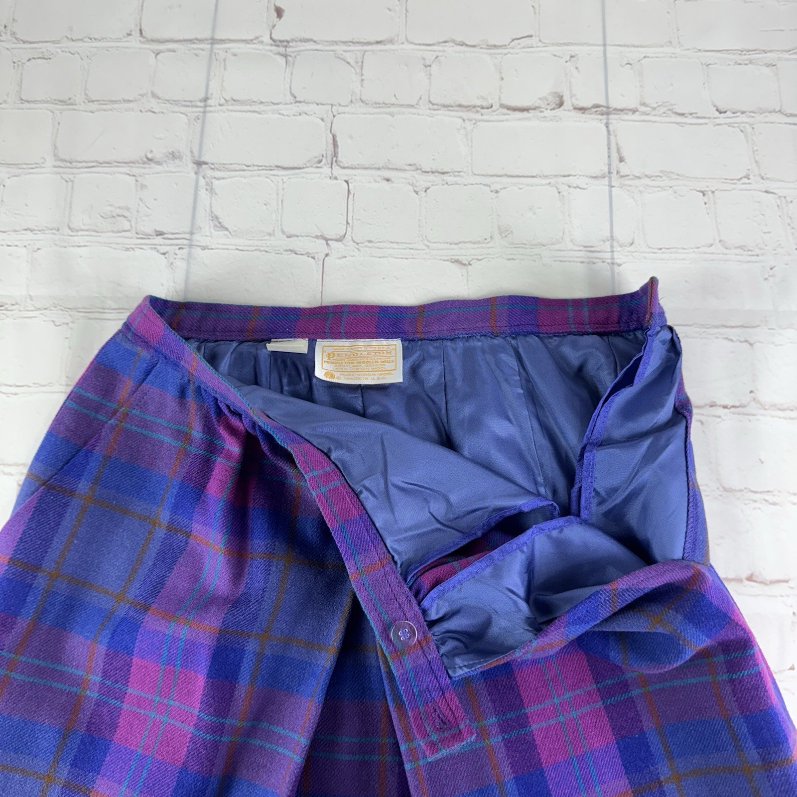 Vintage Pendleton Purple Plaid 100% Virgin Wool Made in USA Midi Skirt Size 10