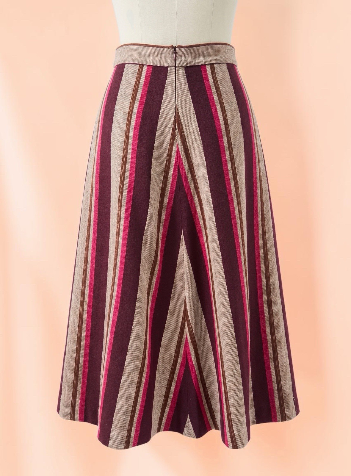 Vintage 70s Striped Midi Skirt Burgundy Tan A-Line Mod Retro Hand Made USA. Wool