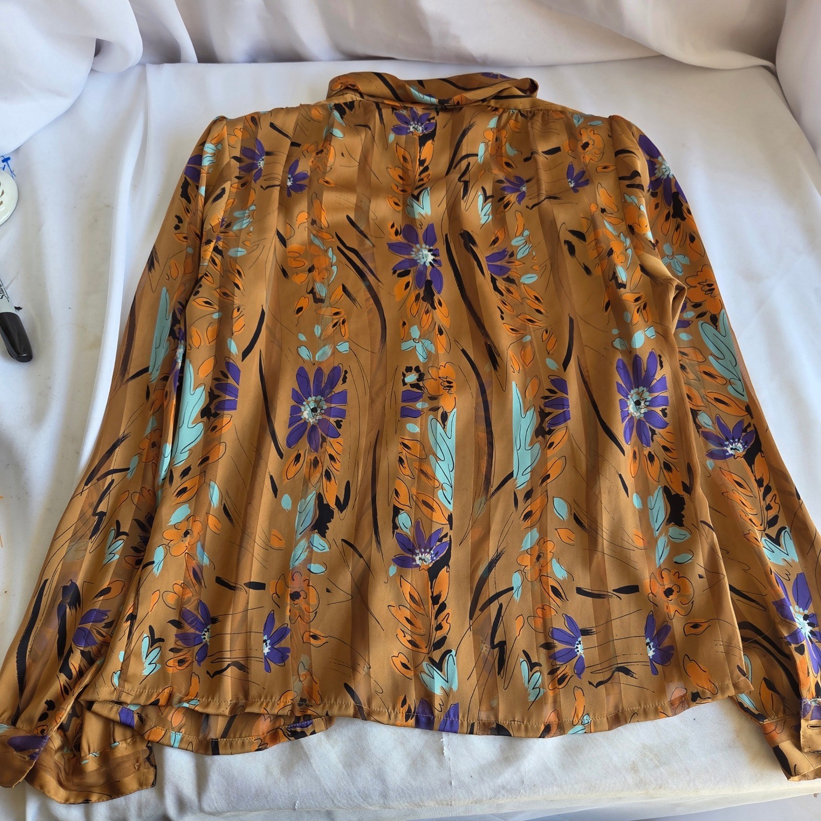 Vintage Nicola Floral Pussy Bow Blouse Brown Orange Purple Shoulder Pads Sz 10