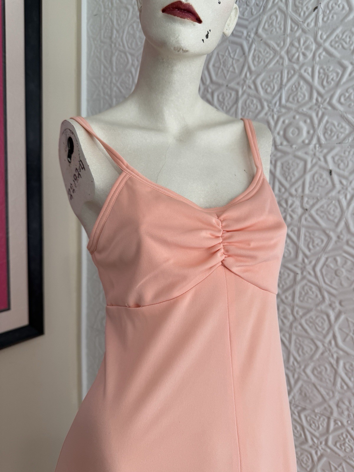 vintage 1970s peach gown-Prom-Party-Bridal-S/M orange maxi dress Femme pink
