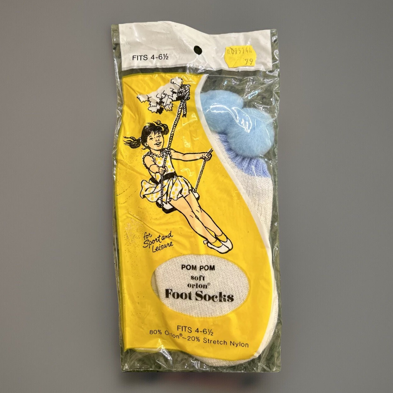 VTG Pom Pom Socks White Baby Blue Poms NIP SZ 4-6.5 Girls Orlon 70s NOS Low Cut.