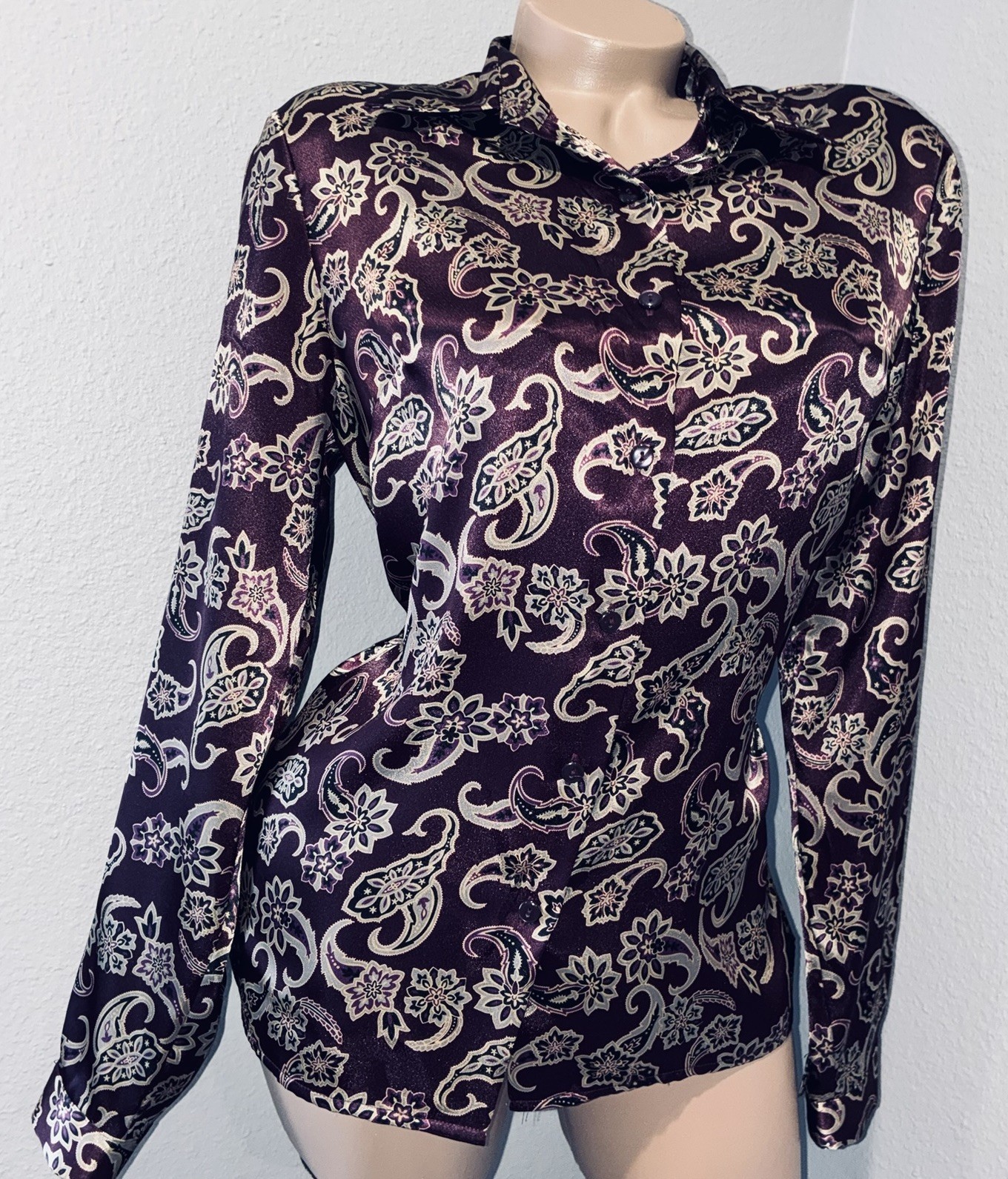 Vtg Purple Plum Paisley Long Sleeve Satin Blouse Top 14