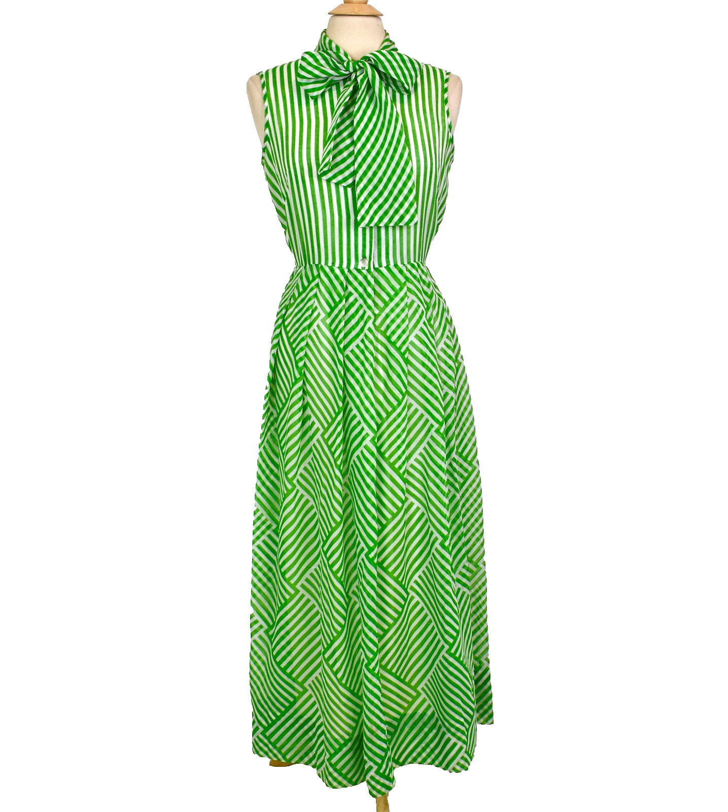 Vtg 70s Green & White Geometric Stripe Chiffon Maxi Dress w/ Pussy Bow Approx. M