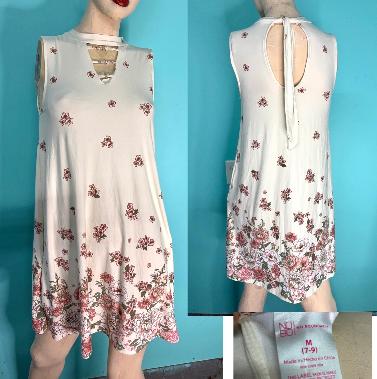 VTG Y2K Ivory White Mauve Pink Floral Print Knit Sleeveless Baby Doll Sundress~M