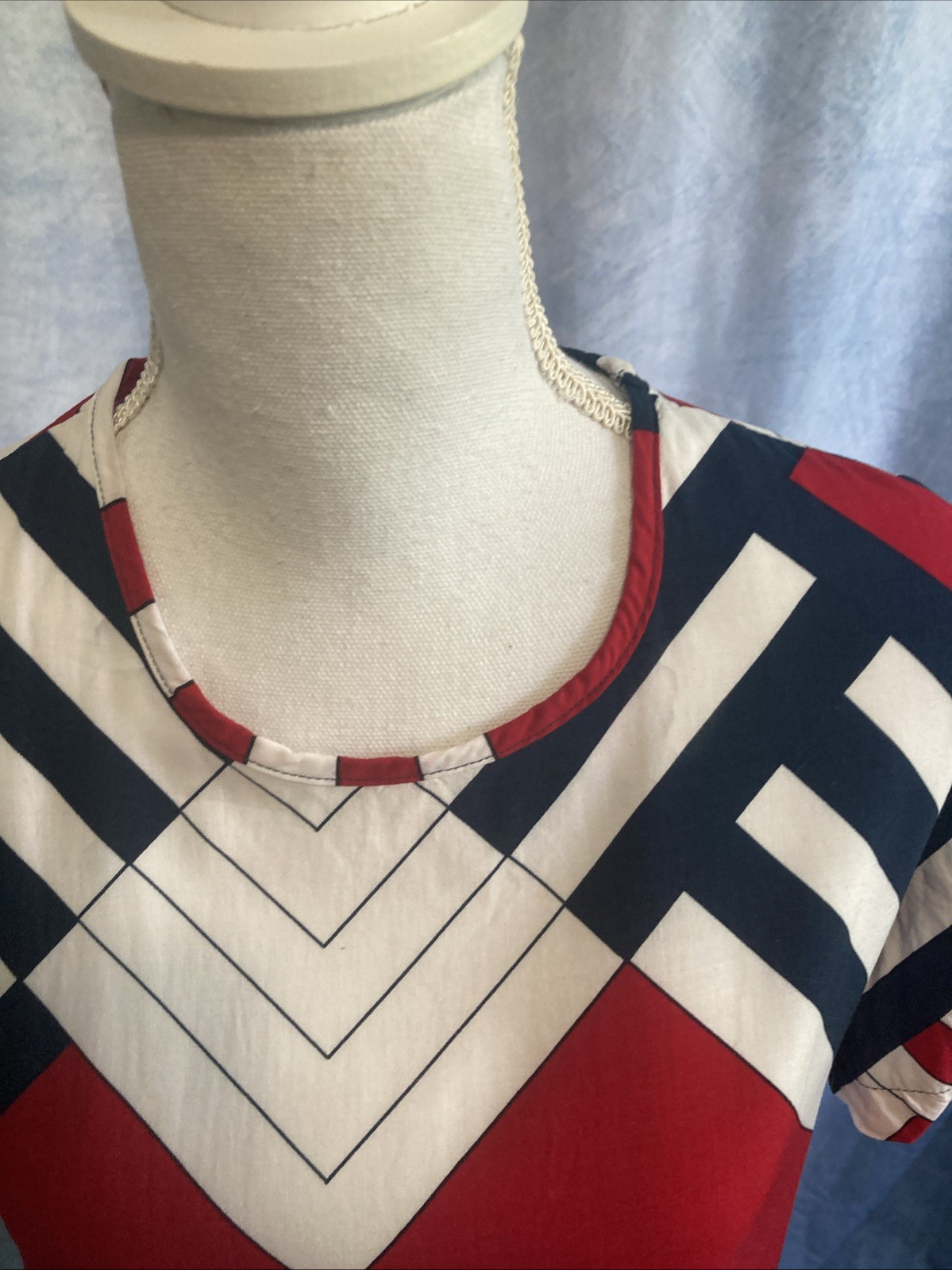 Vtg 80s 90s Blair Boutique Geometric Chevron Rayon Top Blouse XS Patriotic USA