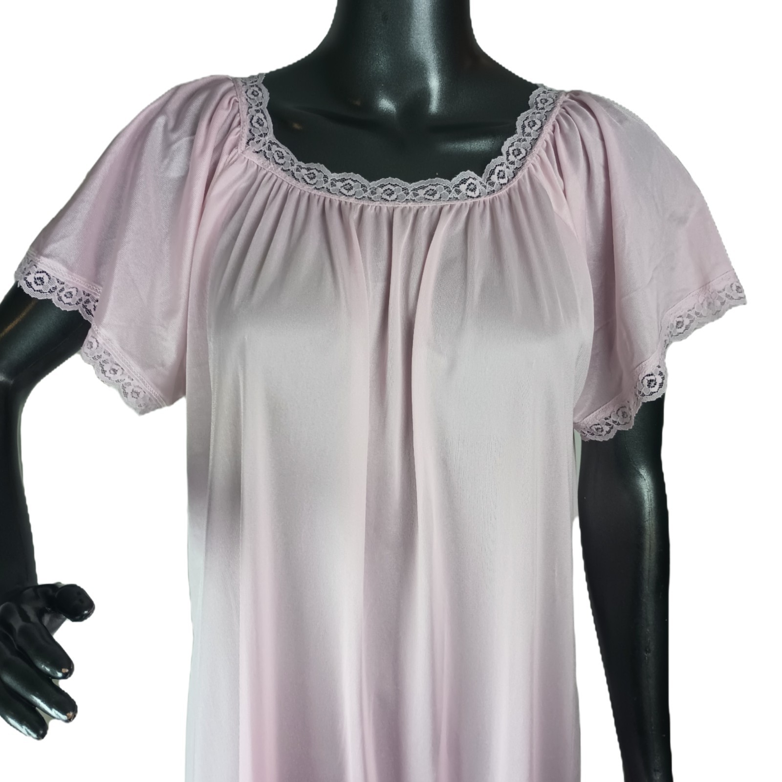 Vtg Sheer Pink Full Length Nighty With Rose Lace Trim Peasant/Baby Doll Size L