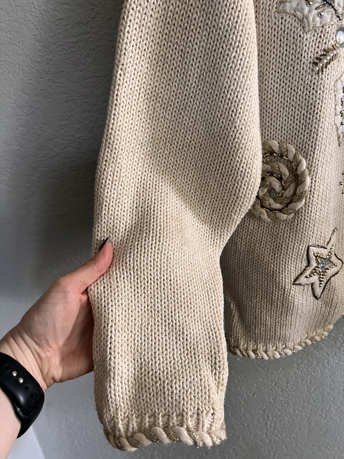 Vintage IB Diffusion Cream Gold Embroidered Bead Sweater Holiday Cardigan – LG