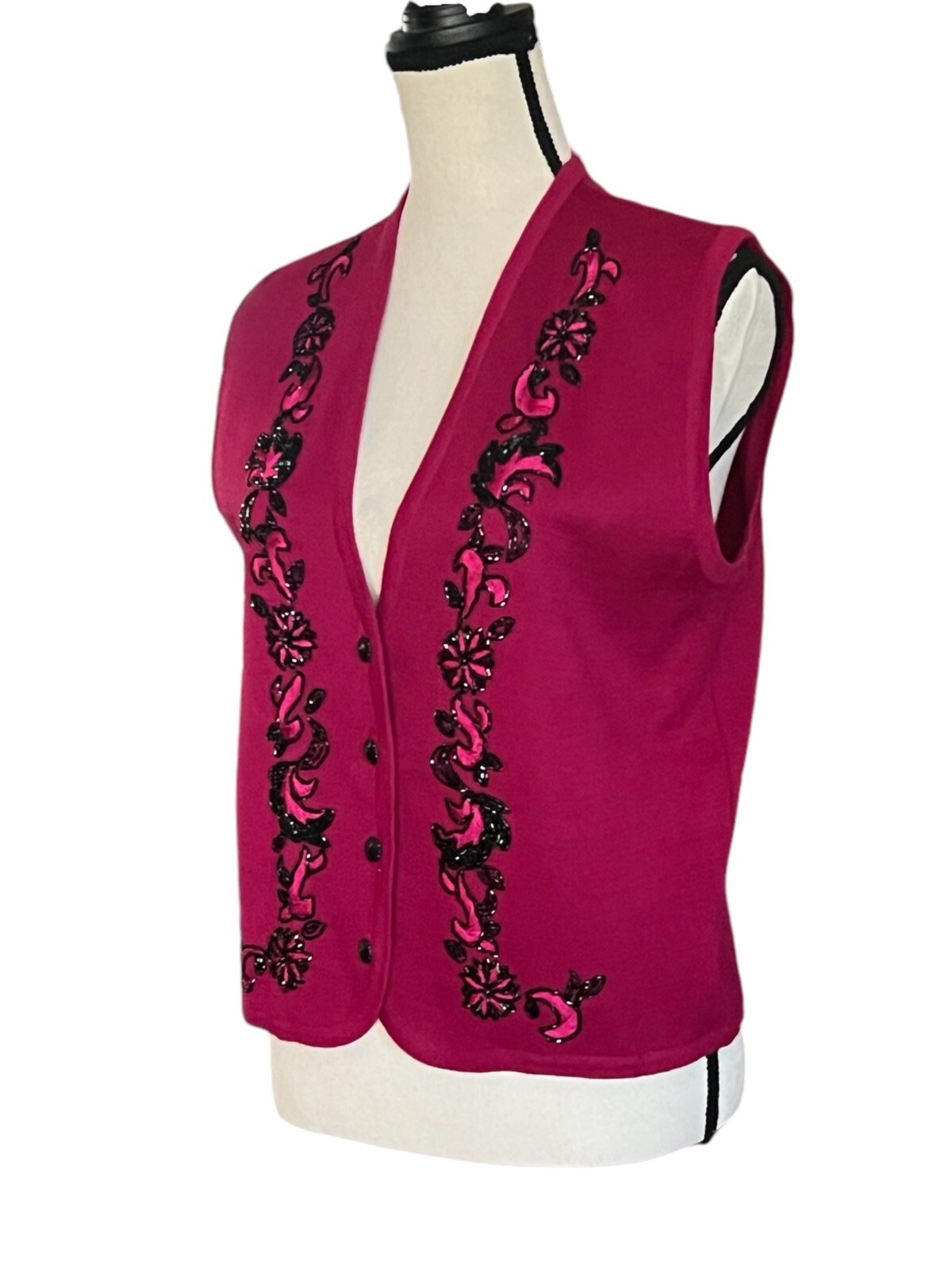 Vintage KORET Dark Red With Black Beaded Button Up Vest Sz. P