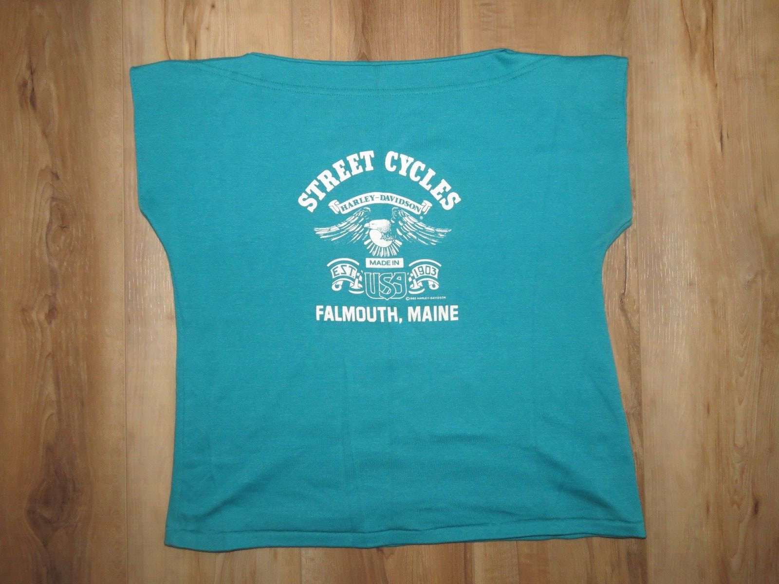 VTG 1982 Holoubek Harley Davidson USA Teal Boatneck Bald Eagle Logo Sz Large