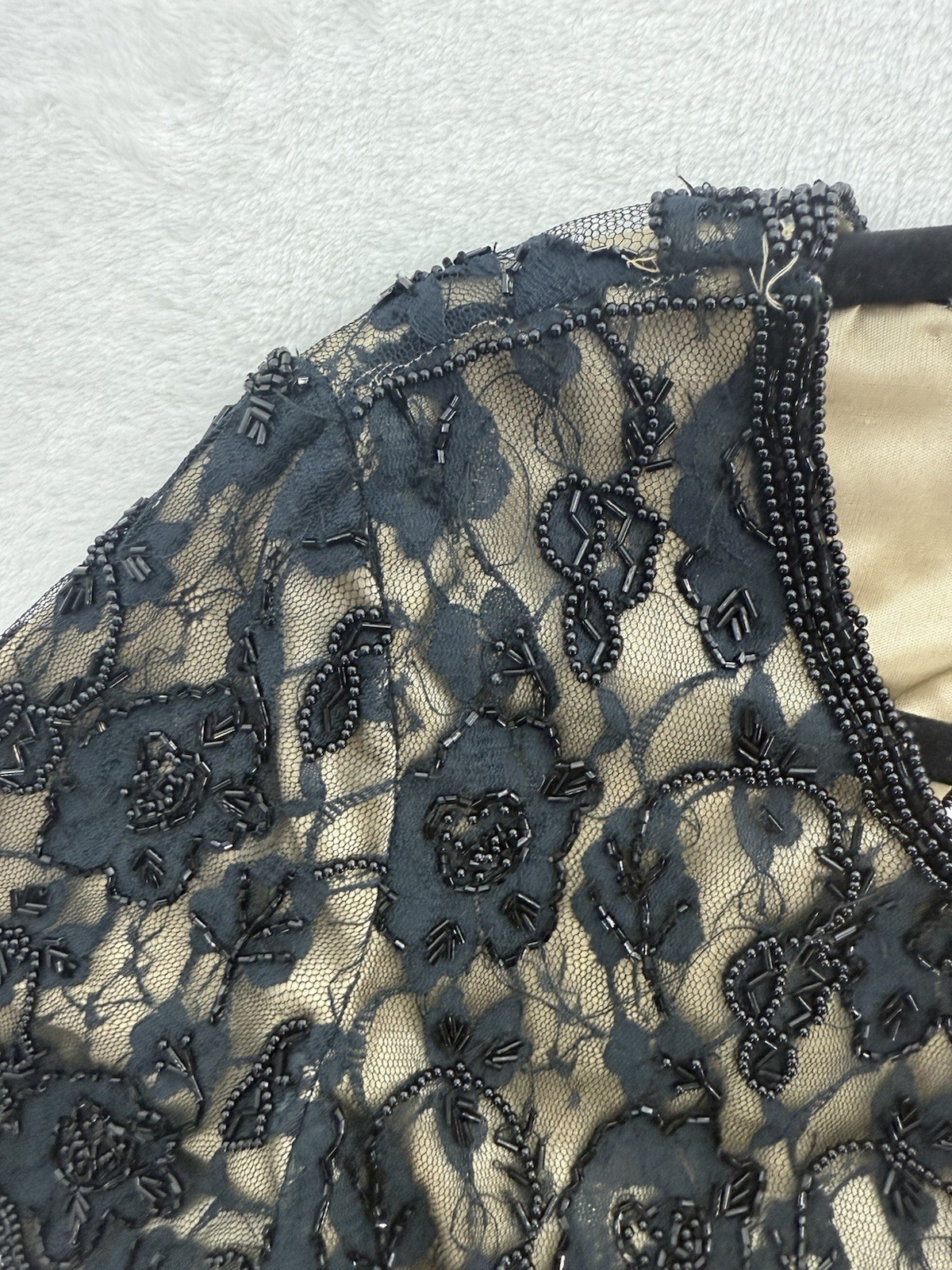 Vintage Black Lace And Nude Dress Beaded By Brilliante J.A. Size Small
