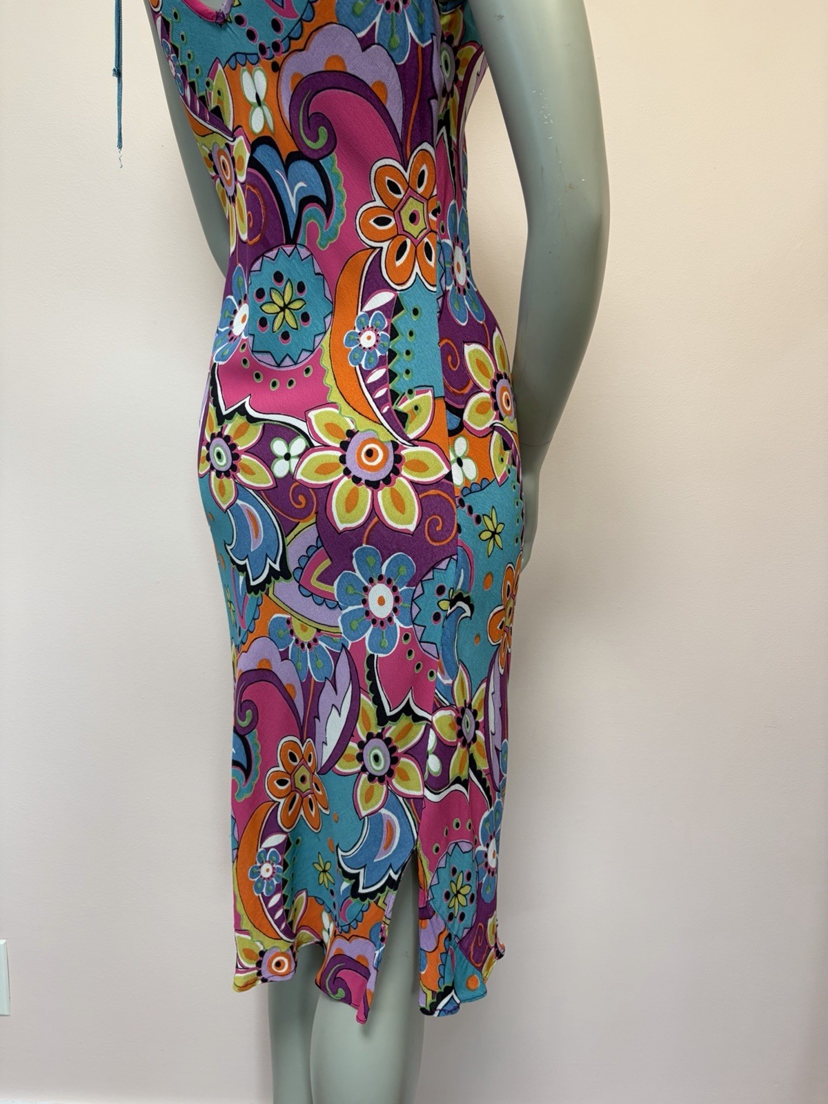 Vintage 90s Angie Psychedelic Bias Cut Rayon Floral fairy India Midi Dress S
