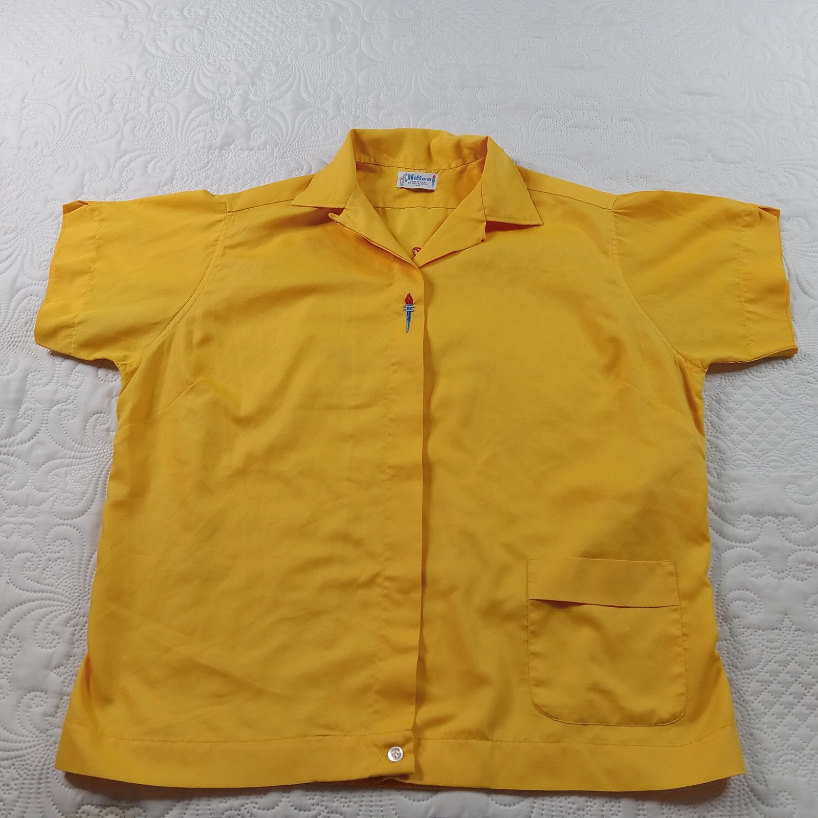 Hilton Bowling Shirt Women’s XL Orange Logo Cabinet Shop Vtg 50s USA GUC Flaws
