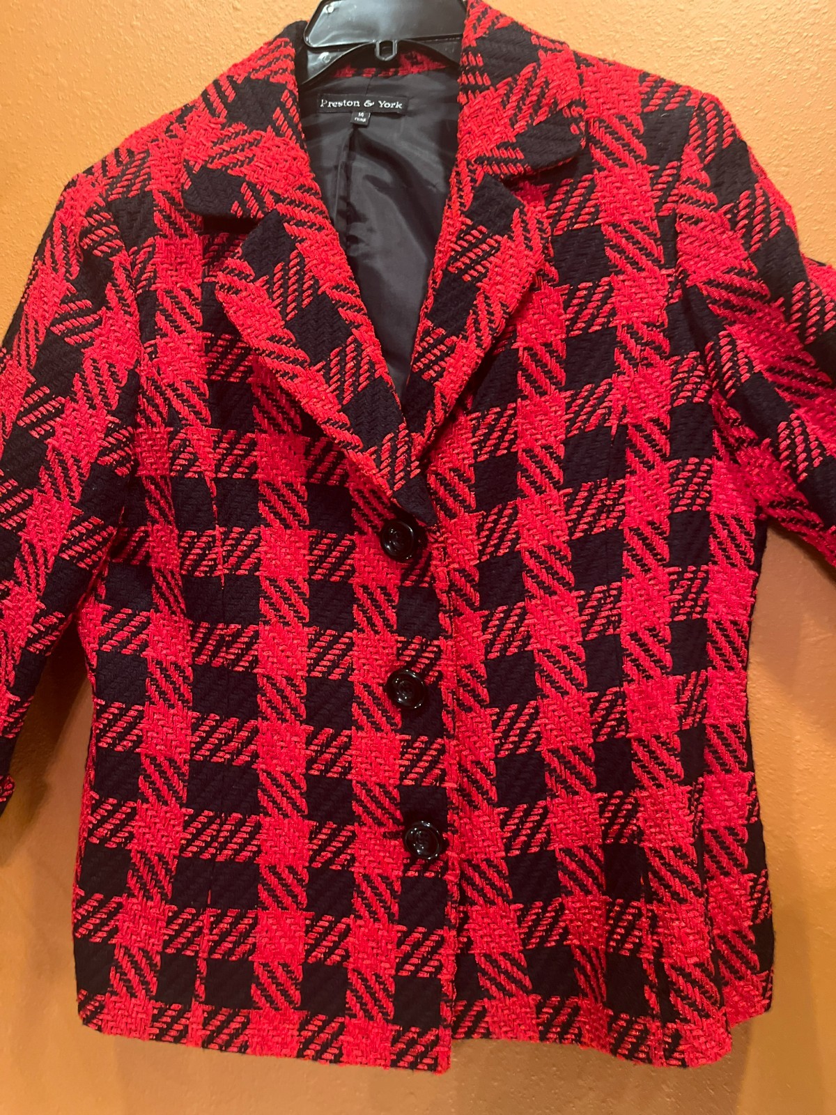Preston & York Red & Black Plaid Wool Blazer | Cuffed Sleeve | Size 14 | Profess