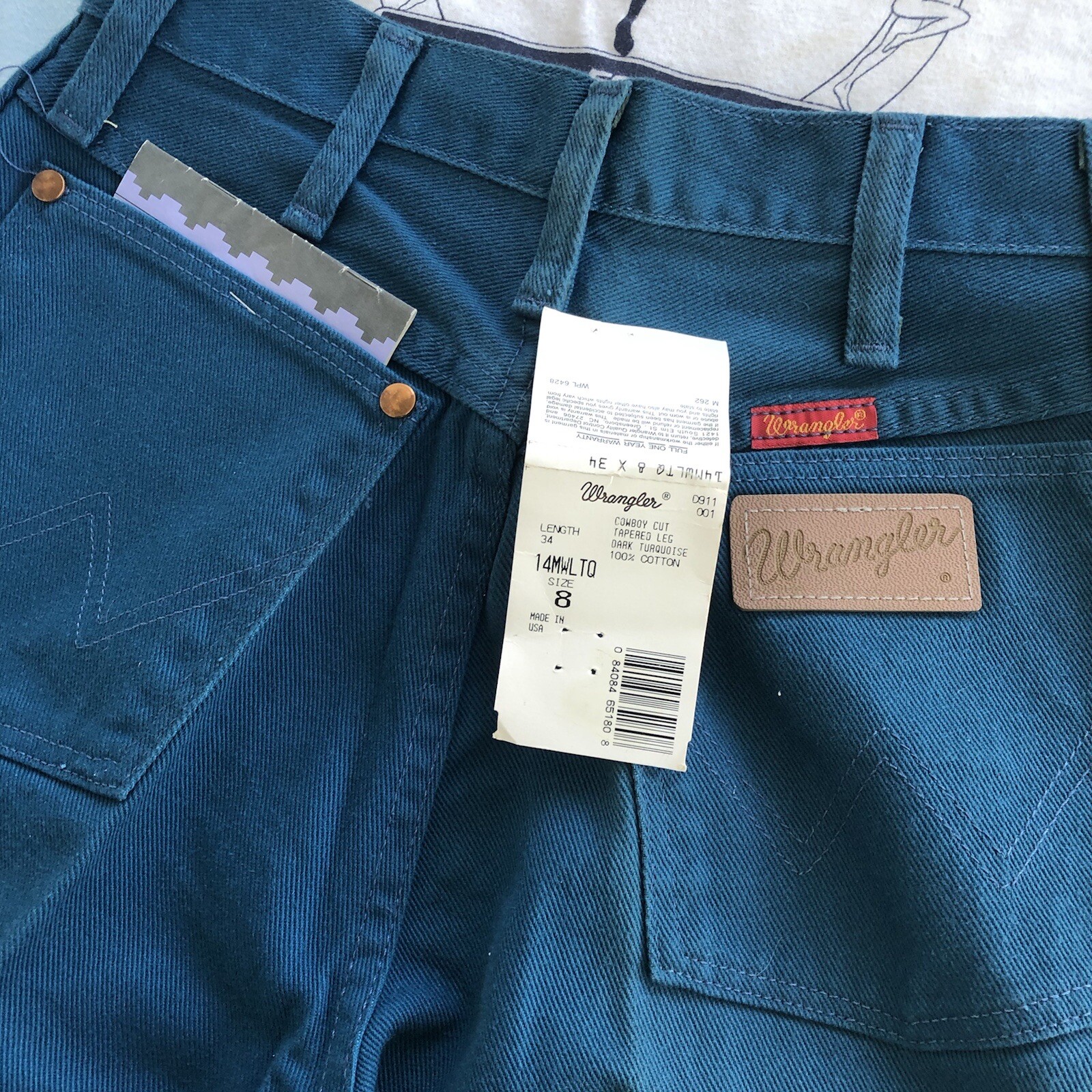 Vintage NOS Wrangler Dark Turquoise Denim Jeans 80s 90s 8×34 Cowboy Cut Western