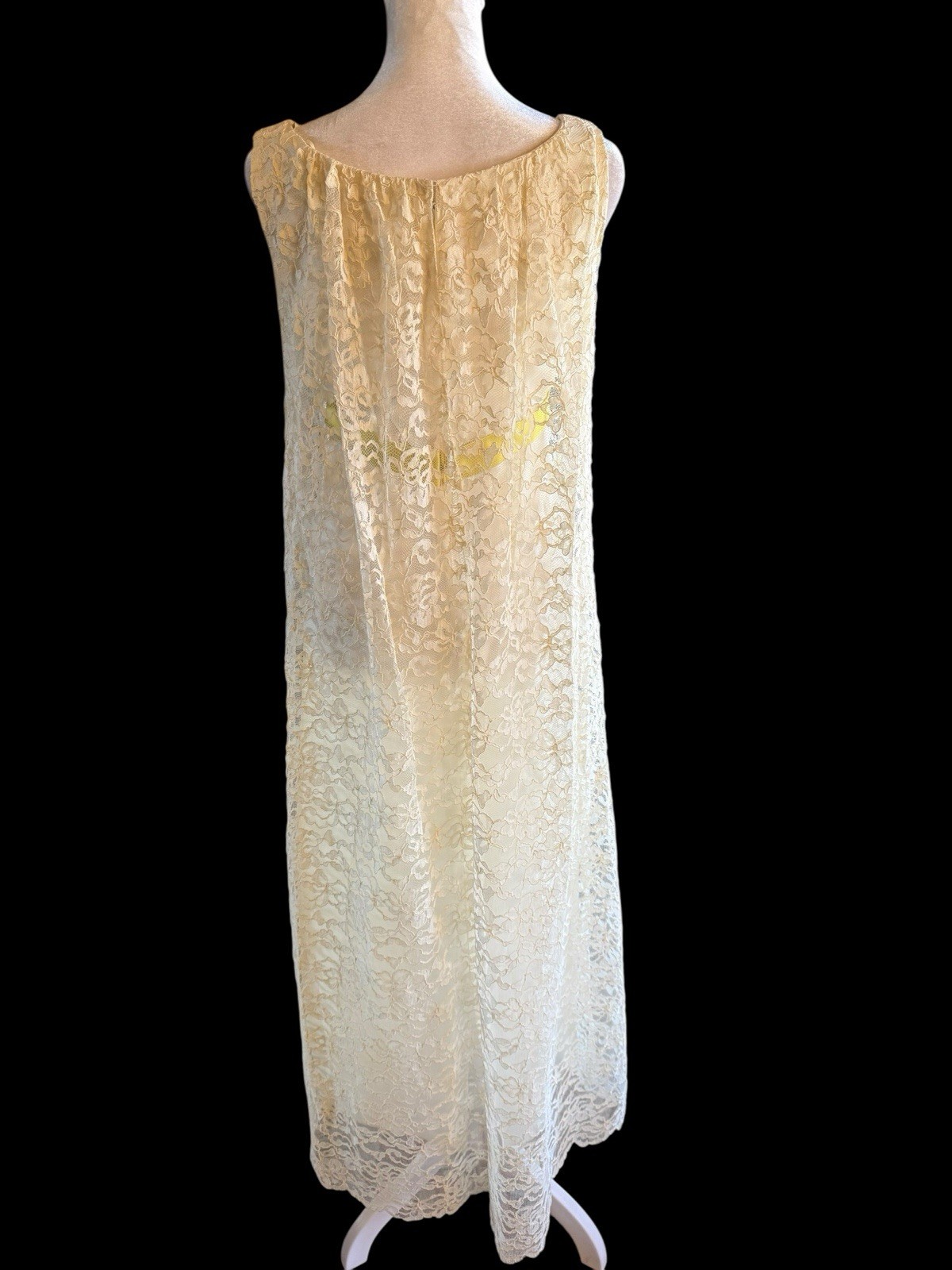 Victorian Ivory Lace Slip Dress 1960s Floral Long 53” SZ 9 Chartreuse Ribbon