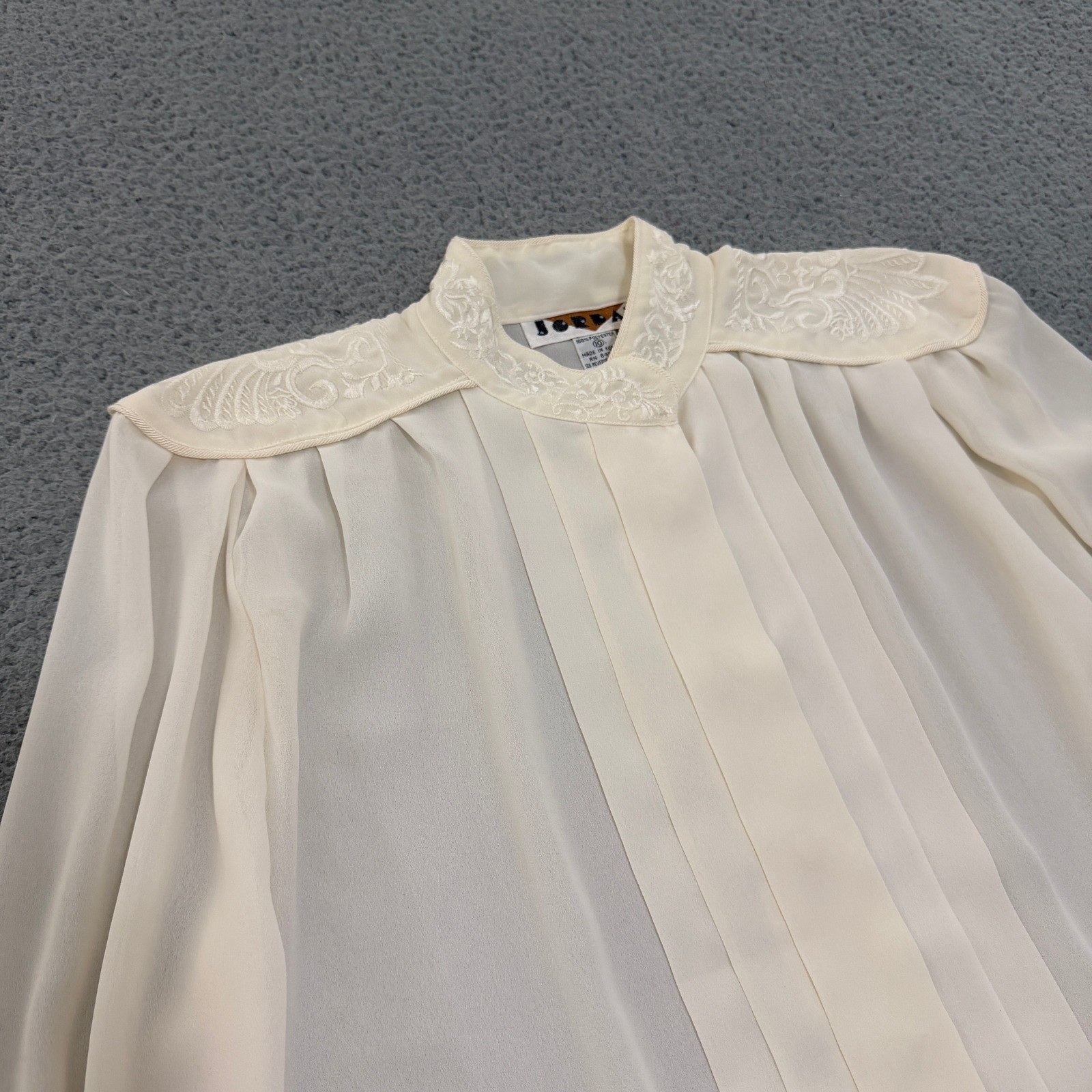 Vintage Cream Pleated Embroidered Blouse Womens 10 Ivory Victorian Top Sheer