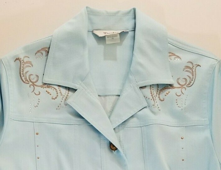 Tan Jay Jacket Sz 10 New WithTags Light Blue with bling and embroidery 3/4 slv