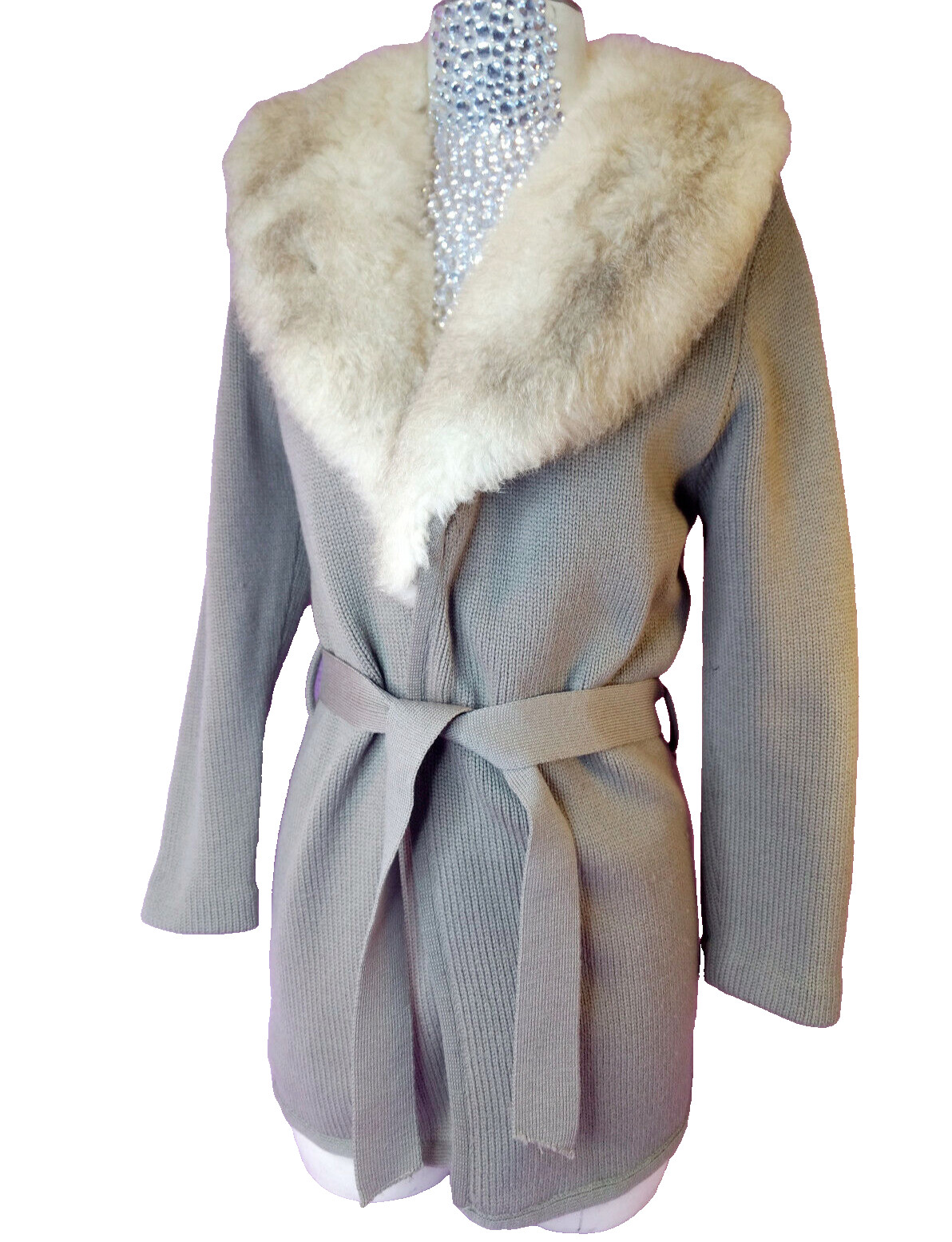SAKRI Taupe Zephyr Wool Wrap Cardigan Sweater 1960s MCM VTG Fur Collar Tie Belt