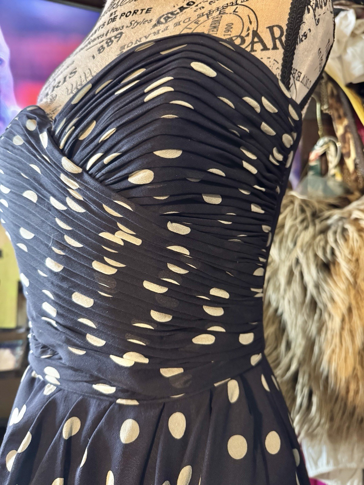 Vtg Kathryn Conover Polka Dot Navy Blue Strapless Bustier Silk Dress Ruched S M