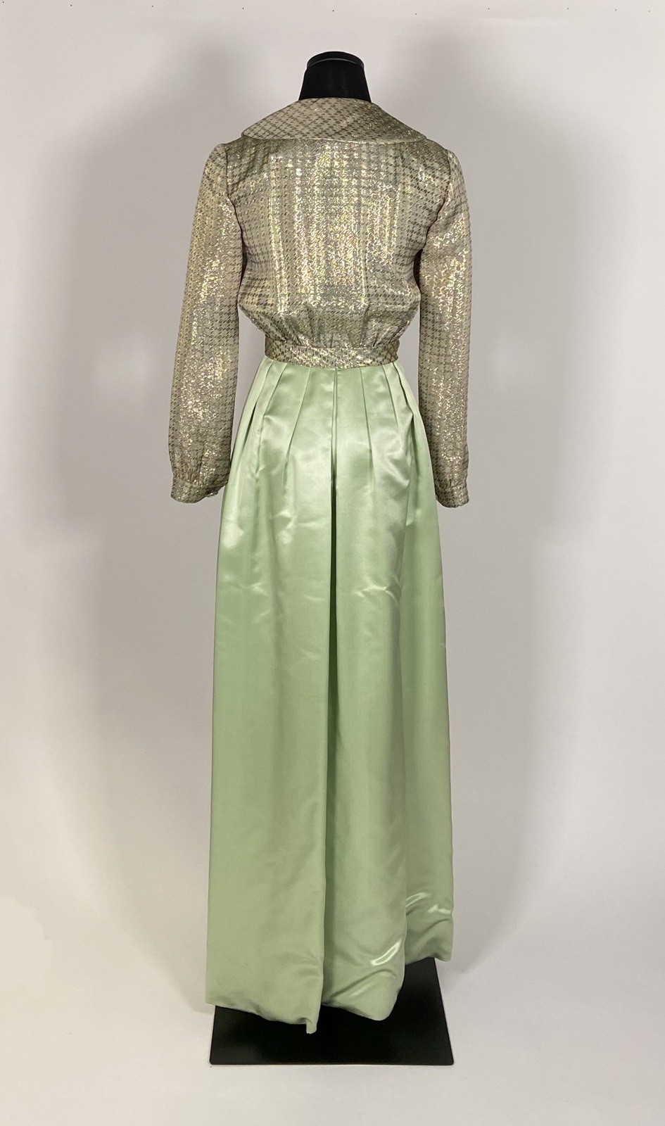 076 1960s Malcolm Starr long sleeve satin gown, pale green, metallic gold size S