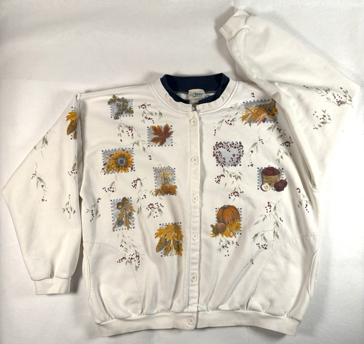Vintage Artisans Cardigan Sweatshirt XL Fall Sunflower Pumpkin Pockets Grandma