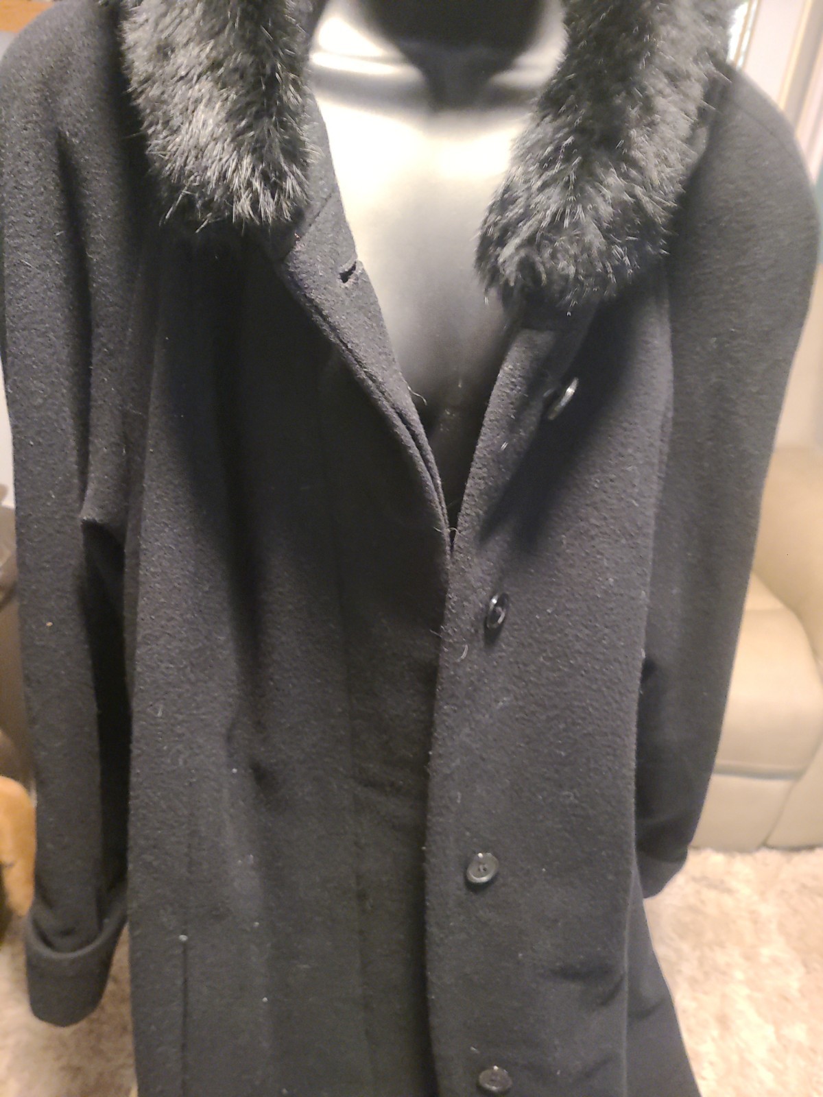VTG Donnybrook 100% Wool Black Maxi Coat Womens 16 Hood Real Fur Opera Church